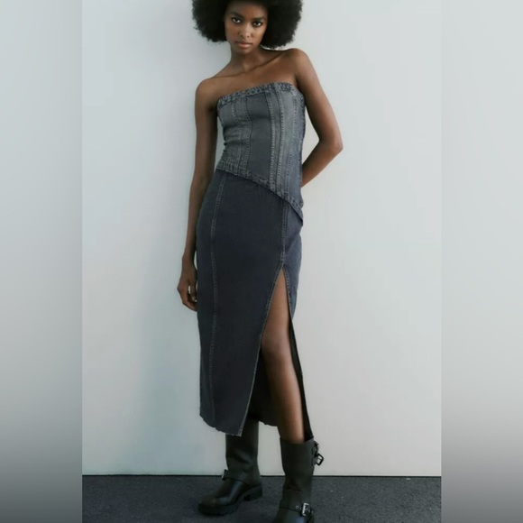 Zara TRF STRAPLESS DENIM MIDI DRESS. Navy Blue. Size XS. New with Tags. - Picture 2 of 10